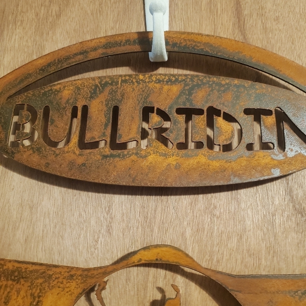 Rustic Bullriding Metal Sign. Round Rustic. Western. Bull Cowboy Horse - Picture 4 of 6